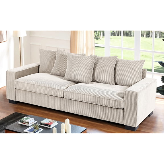 Modern Corduroy Couch With 5 Pillows, 3 Seater For Spacious Living Space Decoration Room Setup