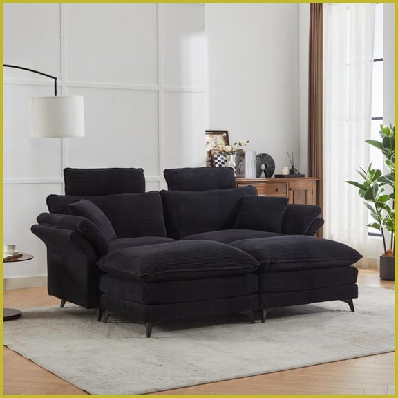 Modern Corduroy Deep-Seat Sectional Sofa with Ottomans & Headrests – 85.8'' for Small Living Rooms, Apartments