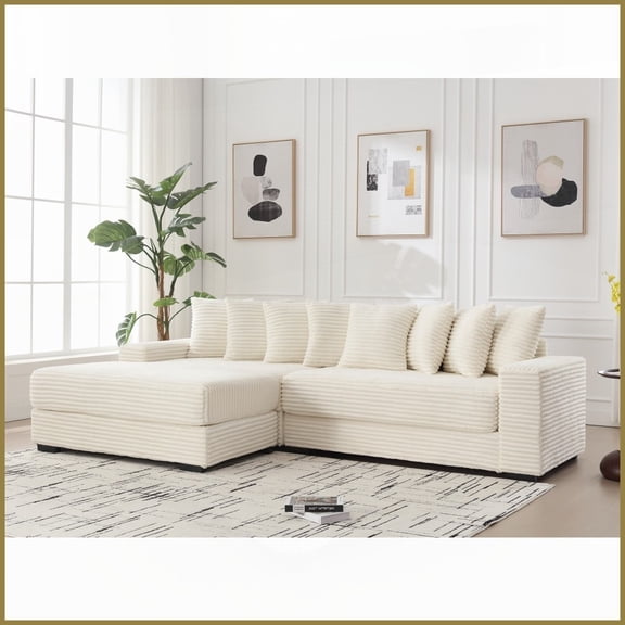 Modern Corduroy L-Shaped 3-Seat Sectional Sofa with Left Chaise & 8 Pillows for Living Room