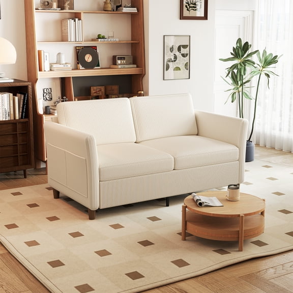 Modern Corduroy Loveseat Sofa, 60.6" Comfy Sofa Couch with Side Pocket, 2-Seater Sofa for Living Room, Bedroom and Small Spaces, Beige