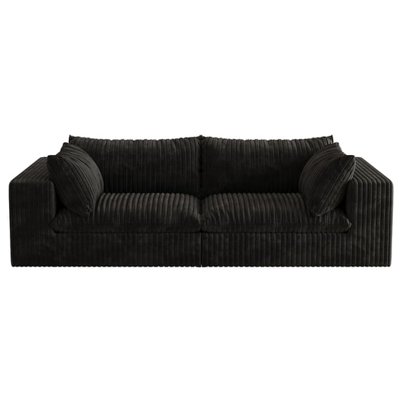 Modern Corduroy Loveseat Sofa, Oversized Cloud Couch with Throw Pillows, Deep Seat Plush Corduroy Fabric Sofa for Small Living Room (Black)