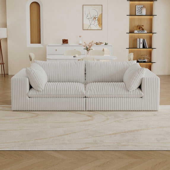 Modern Corduroy Loveseat Sofa, Oversized Cloud Couch with Throw Pillows, Deep Seat Plush Corduroy Fabric Sofa for Small Living Room (White)