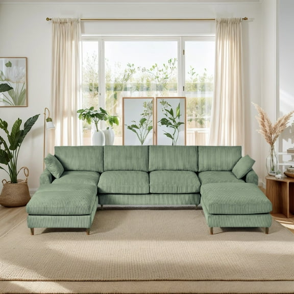 Modern Corduroy Modular Section Sofa with Side Pocket, 6-seats U-shaped Convertible Sofa Set with Pillow, Oversized Sectional Sofa with Footstool, Suitable for Living Room,Attic,Apartment,Olive Green