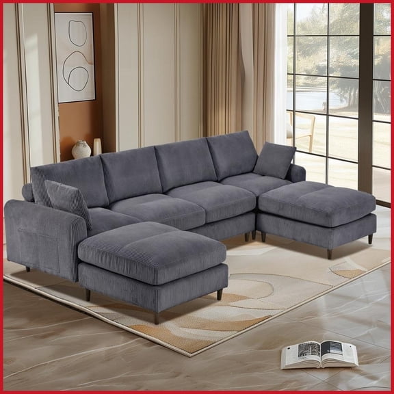 Modern Corduroy Modular Sectional Sofa – 6-Seat U/L-Shaped with Pillows & Footstools, Detachable Cushions for Living Room/Office (Gray)