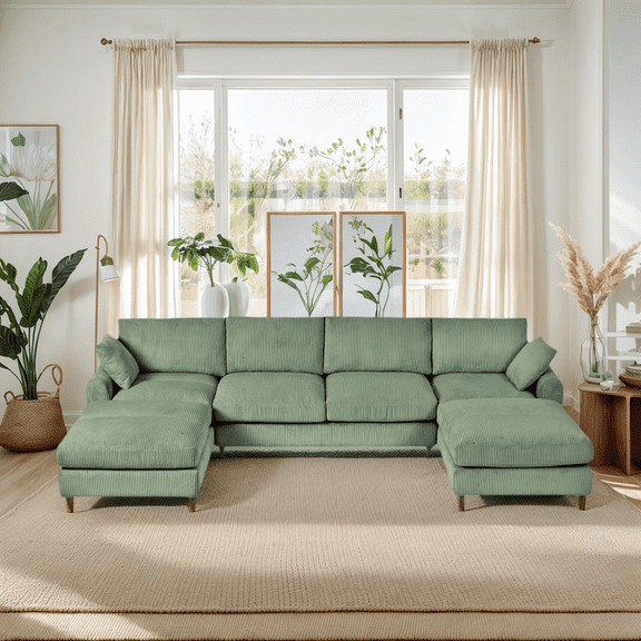 Modern Corduroy Modular Sectional Sofa, U-Shaped Convertible to L-Shaped Set with Pillows, Oversized Sectional with Footstool, Living Room/Attic/Apartment, Olive Green, 6-Seat