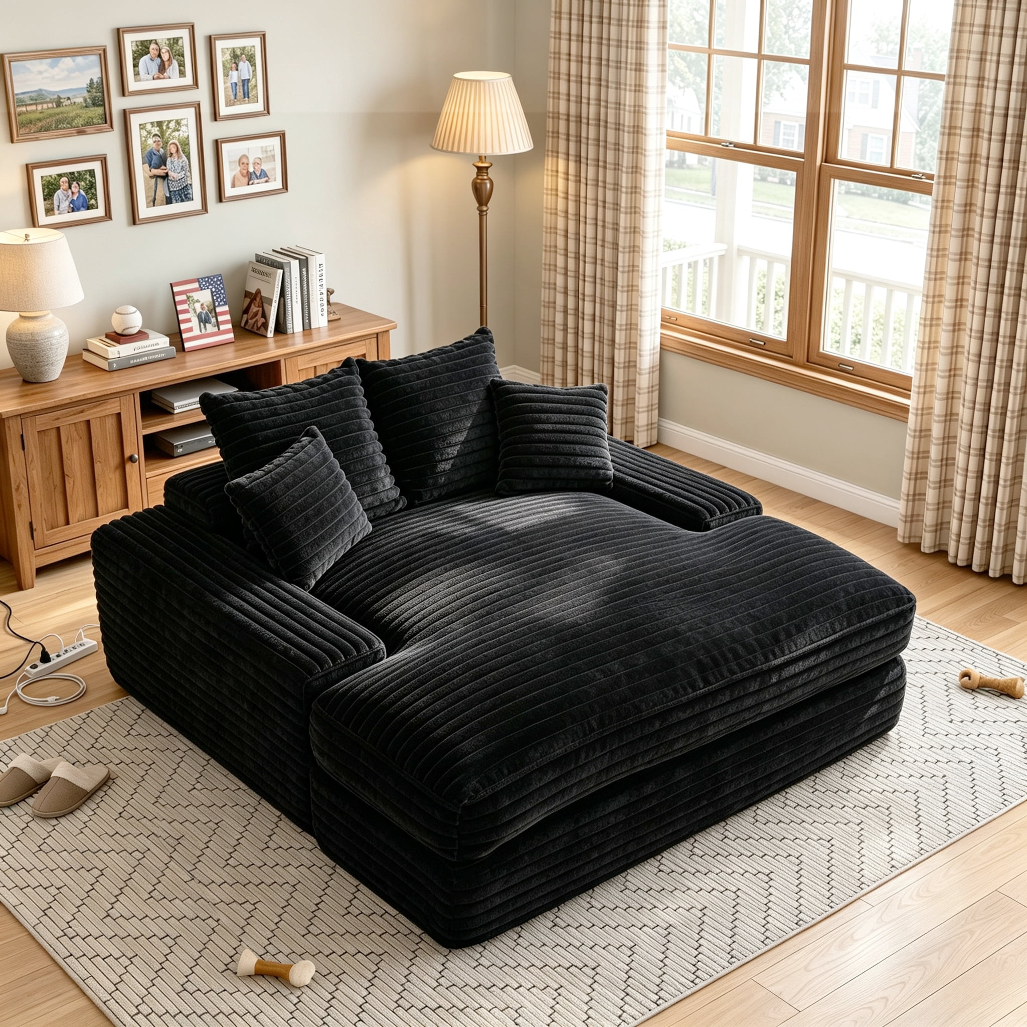 Modern Corduroy Oversized Chaise Lounge Chair, 66"Double Daybed Sofa Sleeper with 4 Pillows, No Assembly Cloud Couch for Living Room, Black