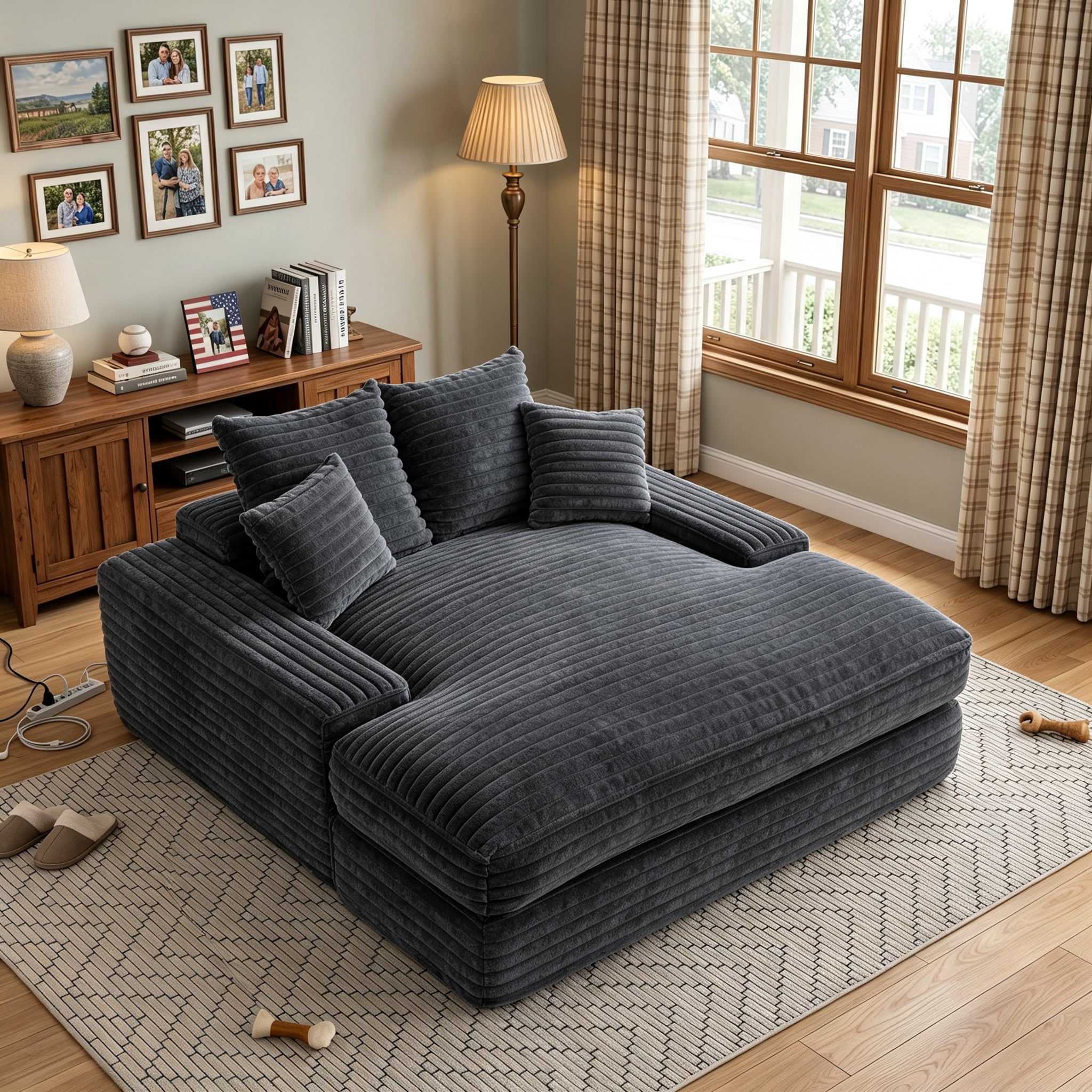 Modern Corduroy Oversized Chaise Lounge Chair, 66"Double Daybed Sofa Sleeper with 4 Pillows, No Assembly Cloud Couch for Living Room, Dark Gray