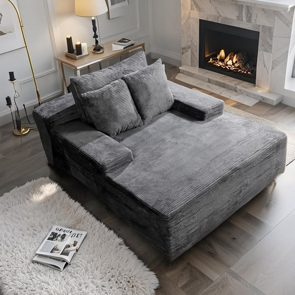 Modern Corduroy Sectional Sofa Chaise Grey L-Shaped Couch with Pouch 66.9x48.2 Inch Comfortable Lounge for Living Room No Assembly Required Includes Throw Pillows