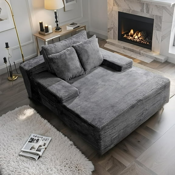 Modern Corduroy Sectional Sofa Chaise Grey L-Shaped Couch with Pouch 66.9x48.2 Inch Comfortable Lounge for Living Room No Assembly Required Includes Throw Pillows