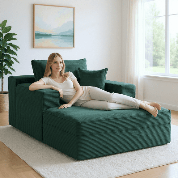 Modern Corduroy Sleeper Loveseat Chair with 3 Pillows,Convertible Chaise Lounge Chair with Square Armrest,Cozy Boneless Sofa,Deep Seat Couch Reading Chairs,for Living Room and Bedroom,Dark Green