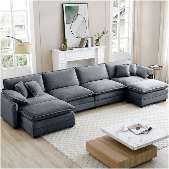 Modern Corduroy U-Shaped Sectional Sofa with Ottomans, 4-Seater Soft Fabric Couch in Grey for Living Room & Apartment