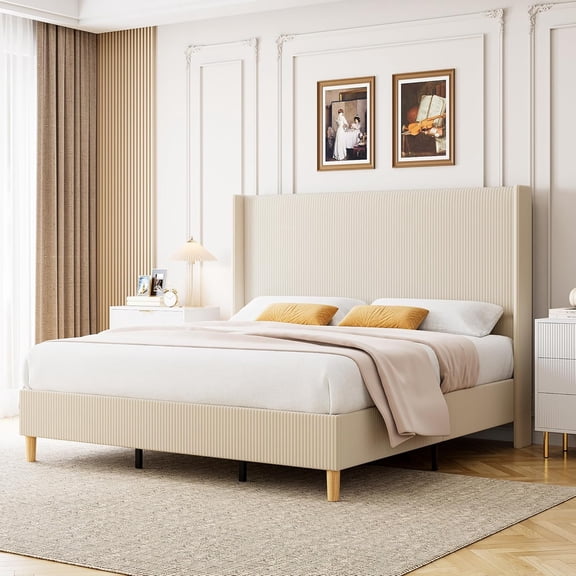 Modern Corduroy Upholstered Bed Frame with Vertical Channel Tufted Wingback Headboard – Solidified Wooden Slats – No Box Spring Needed – Easy Assembly – Full Size