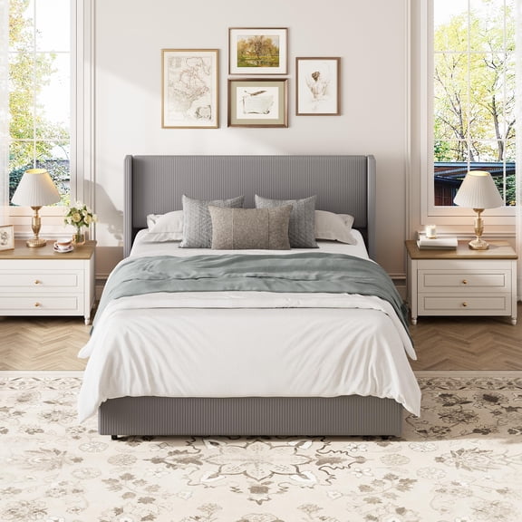 Modern Corduroy Upholstered Lift Up Storage Bed Frame, Gas Lift Platform Padded Headboard Wooden Slats No Box Spring Needed