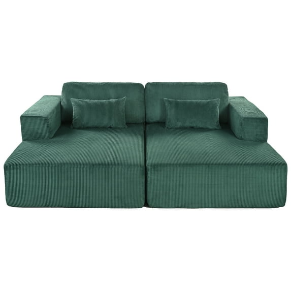 Modern Corduroy Upholstered Sofa Bed, Double Chaise Lounge Loveseat Couch With Pillows For Living Room Apartment Office