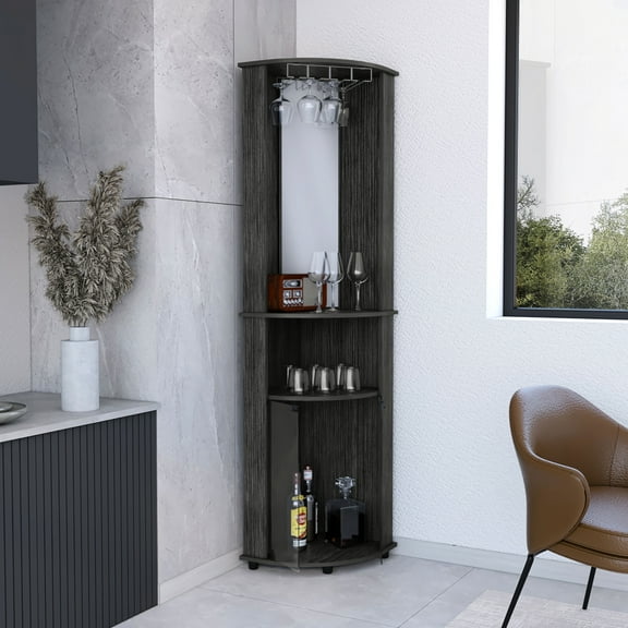 Modern Corner Bar Cabinet With Gray Storage Option Cabinet, Equipped Open Shelves And Mirror