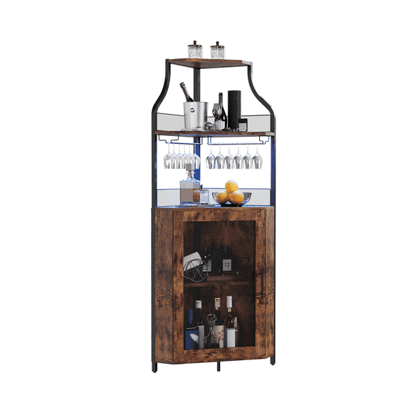Modern Corner Bar Cabinet for Dining Room, Removable Wine and Glass Rack 5-Tier Storage Adjustable Shelves Mesh Door with Light Rustic Brown Grey