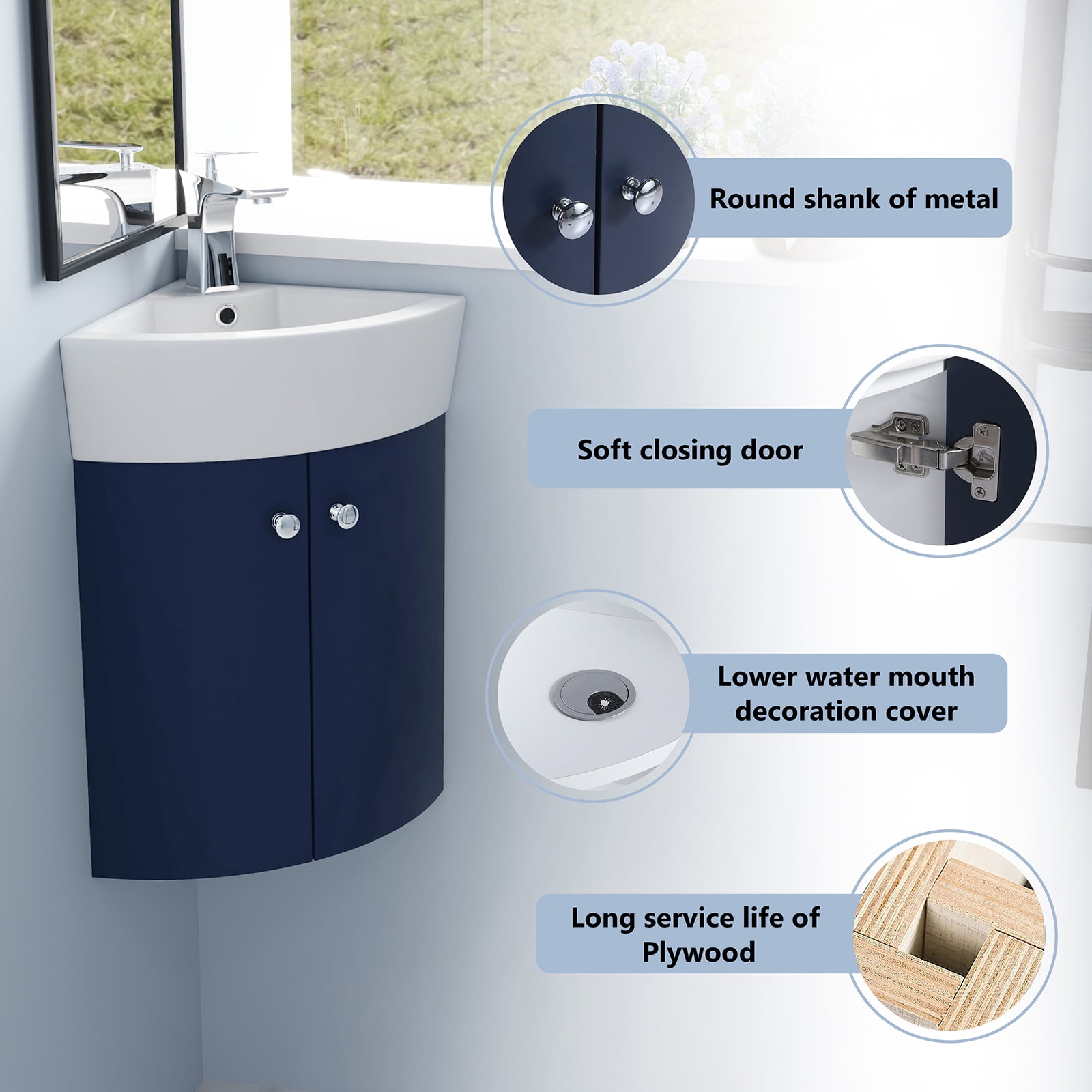 Modern Corner Bathroom Vanity Combo For Small Space, Floating Wall