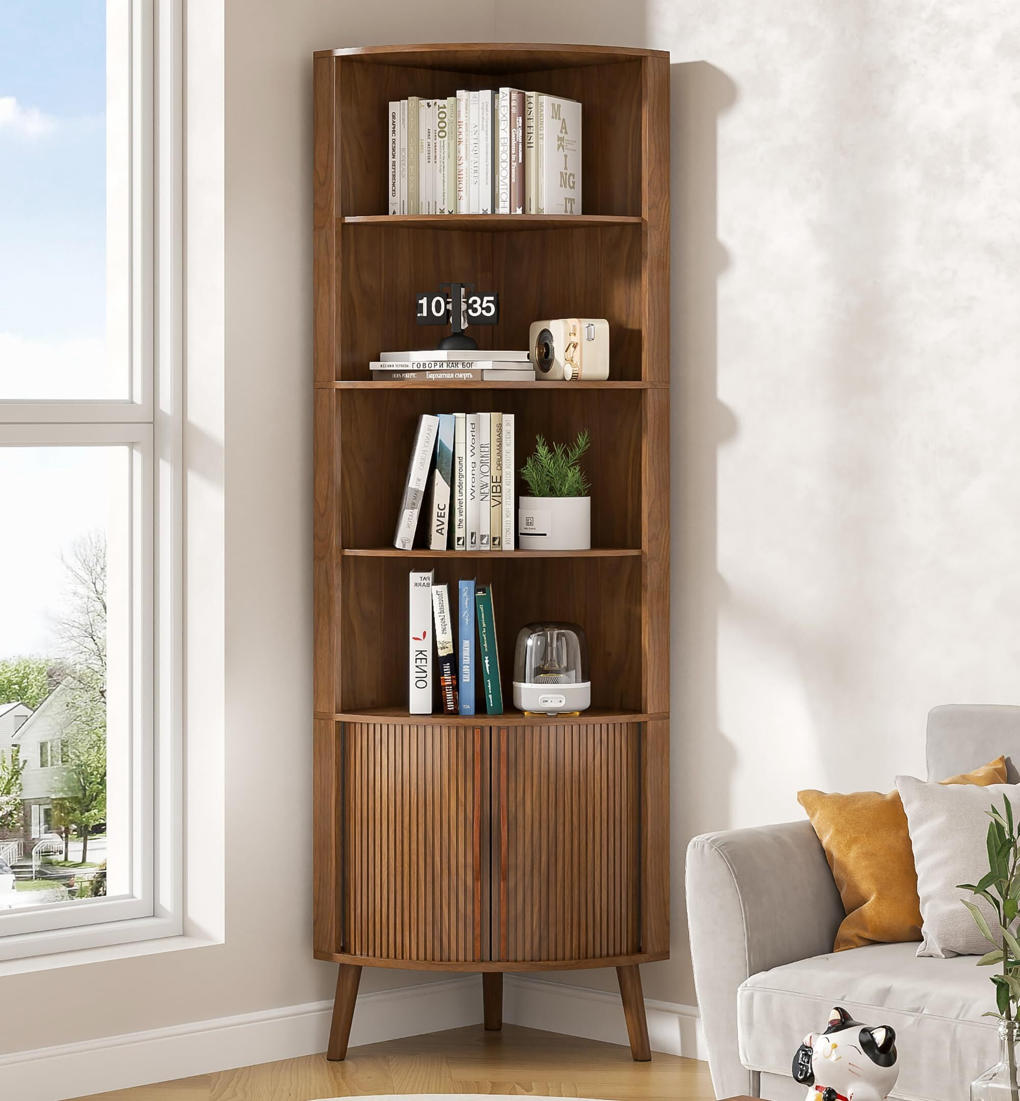 Modern Corner Cabinet, 66.7" Tall Bathroom Storage Cabinet with 2 Fluted Doors & Shelves for Kitchen, Living Room, Walnut