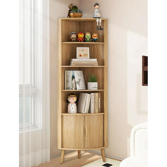 Modern Corner Cabinet, 66.7" Tall Bathroom Storage Cabinet with 2 Fluted Doors & Shelves for Kitchen, Living Room, Wood