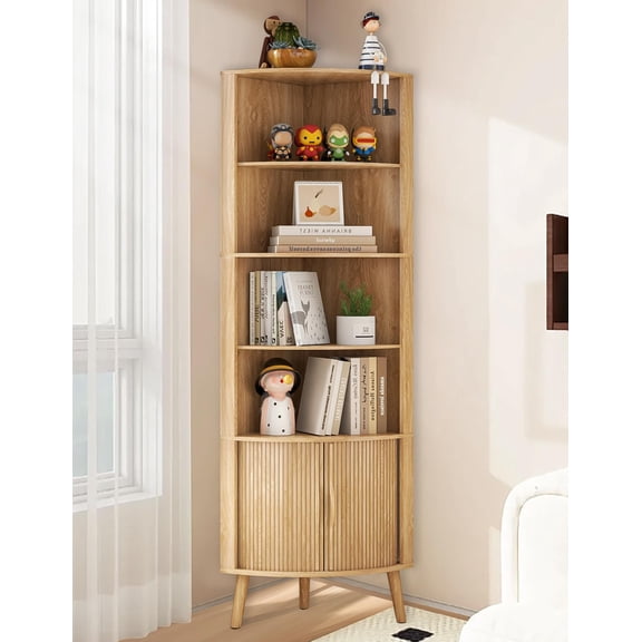 Modern Corner Cabinet, 66.7" Tall Bathroom Storage Cabinet with 2 Fluted Doors & Shelves for Kitchen, Living Room, Wood
