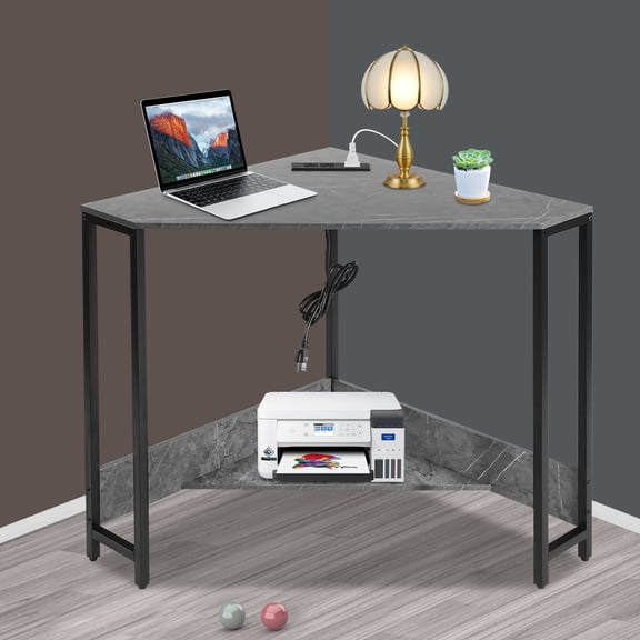Modern Corner Desk with Outlets, USB Ports, and Lower Shelf, Triangular Small Computer Workstation, , Easy to Assemble