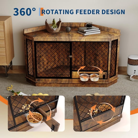 Modern Corner Dog Crate Furniture Wooden Dog Kennel End Table & TV Stand, Heavy Duty Cage, Double Doors, 360 Rotating Feeder, Indoor Pet House for Small, Medium, Large Dogs, Classic Brown