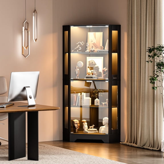 Modern Corner Glass Display Cabinet with LED Lighting – 65" Tall Curio for Dining Room, Books, Collectibles – Detector Shelves, Glass Doors – Elegant Storage Showcase – Black