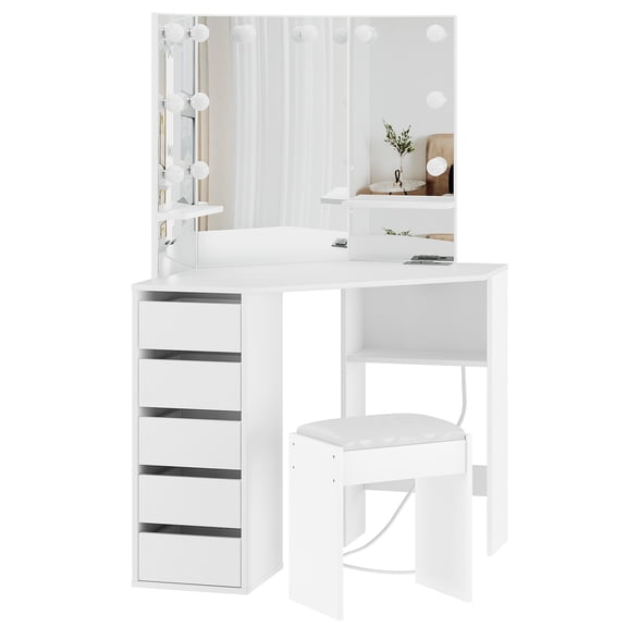 Modern Corner Makeup Vanity Desk, Makeup Vanity Table with Charging Station, 5 Rotating Drawers and Storage Bench for Bedroom Furniture, White