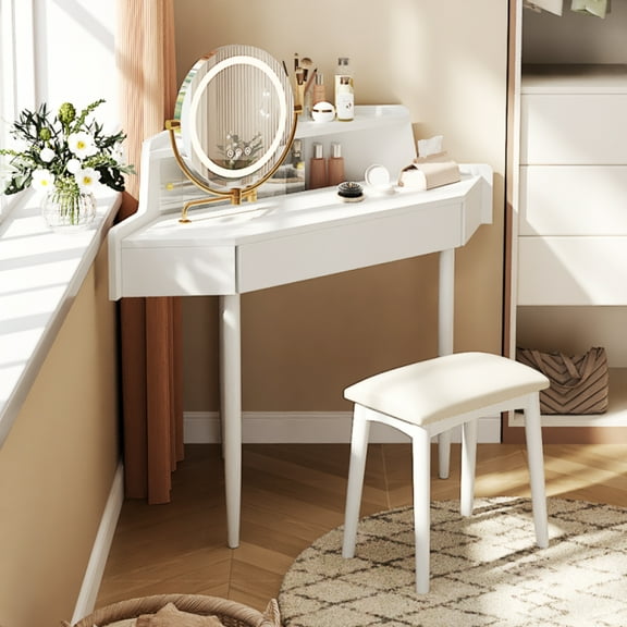 Modern Corner Makeup Vanity Desk with Large Storage, LED Mirror & Stool, Brightness Adjustable, Space-Saving for Small Places, White RR
