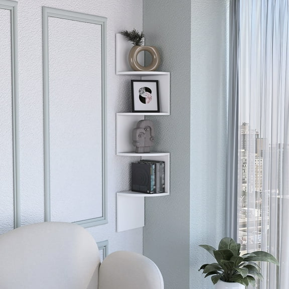 Modern Corner Shelf In White - 4 Shelving Units, 9.8"w X 9.8"h 51.5"h, Wall Mounted, Engineered Wood, Hip Space Saving Mounted Shelving, Design, Utilization