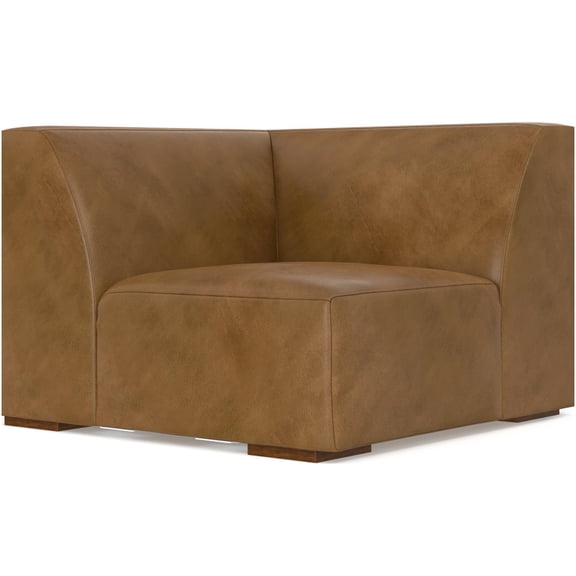 Modern Corner Sofa Module, Brown Aniline Leather, Feather-Wrap Seat, Solid Wood Frame