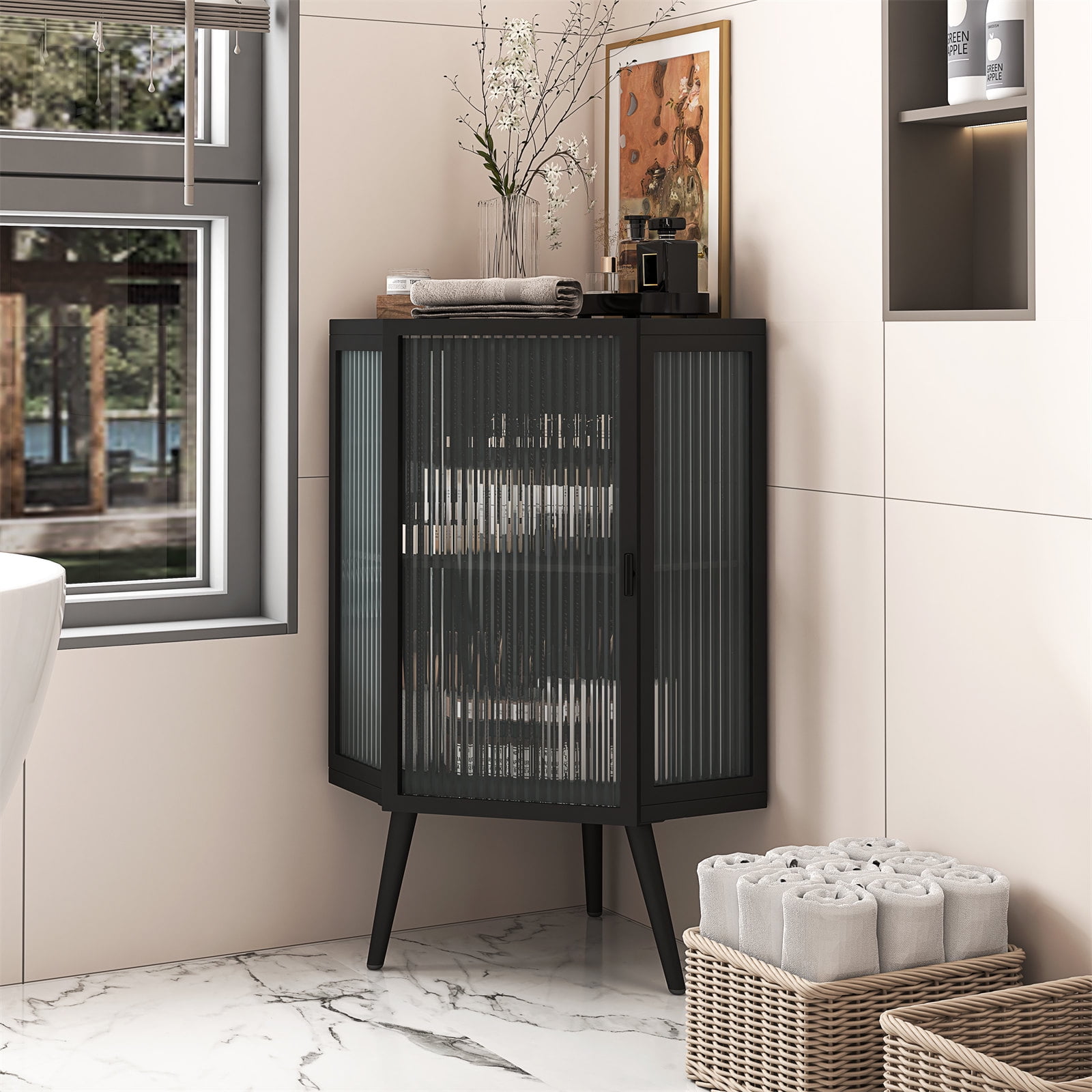 Modern Corner Storage Cabinet with Tempered Glass Doors, Accent Corner Hutch Cabinet ...