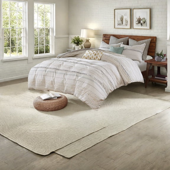 Modern Cotton Bedding Sets Off White/Gray Comforter with Boho Tassels King/Cal King for Stylish Bedrooms