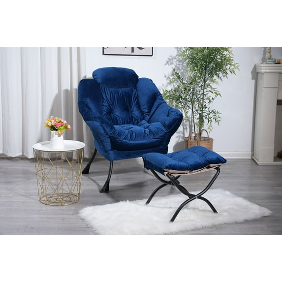 Modern Cotton Fabric Lazy Chair, Accent Contemporary Lounge Chair with Armrests and Side Pocket, Single Steel Frame Leisure Sofa Chair for Living Room Bedroom