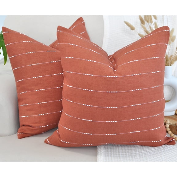 Modern Cotton Pillow Covers 18 x18 inches Terracotta / Woven Loom Stripe Pattern Contemporary Luxury Cushion Covers Burnt Orange / Simple Throw Pillow Cases For Living Room Sofa, Couch, Bed, Set of 2