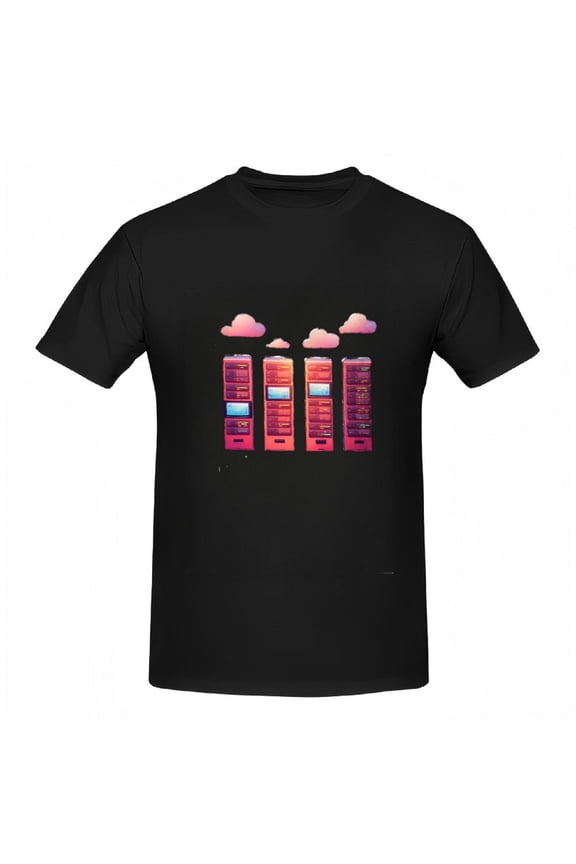Modern Cotton Short Sleeve T-Shirt for Women - Colorful Tech Graphic of Stacked Devices with Clouds Perfect for Tech Lovers