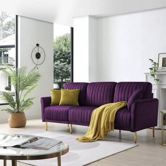 Modern Couch with 3 Pillows, Velvet 3-Seat Futon Sofa with Golden Metal Legs for Small Space, Living Room and Bedroom, 81.9''L x 31.5''W x 36.2''H, Purple