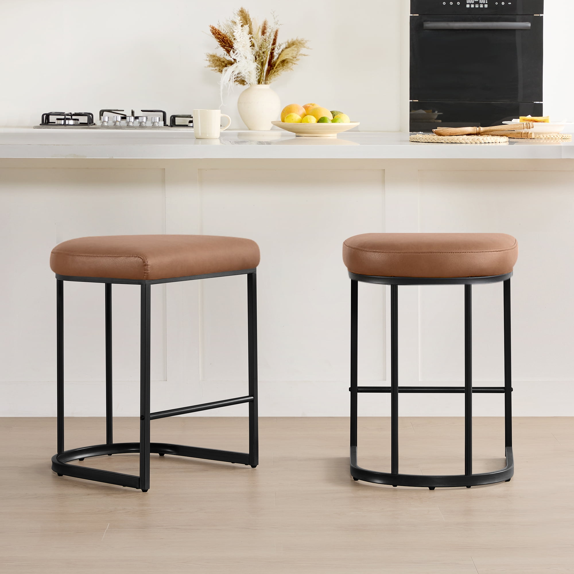 Spruce & Spring Modern Counter Bar Stool with Curved Upholstered Seat and Metal Legs for Kitchen Island or Bar Set of 2, Brown with Metal Legs