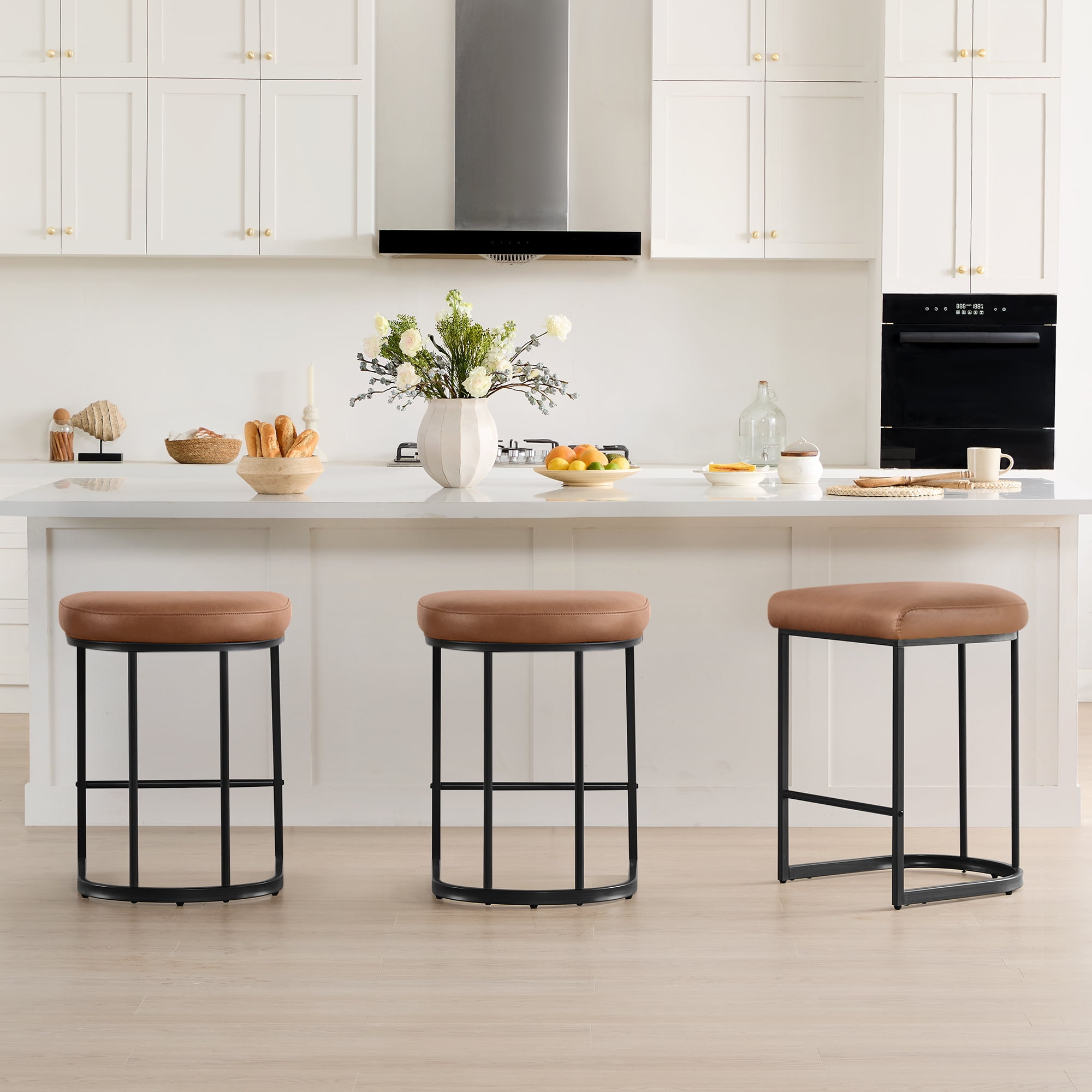 Spruce & Spring Modern Counter Bar Stool with Curved Upholstered Seat and Metal Legs for Kitchen Island or Bar Set of 3, Brown with Metal Legs