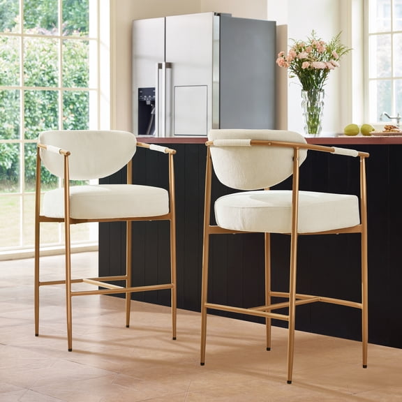 Spruce & Spring Modern Counter Bar Stool with Woven Strap Arms & Gold Metal Frame Set of 2, Ivory with Gold Frame
