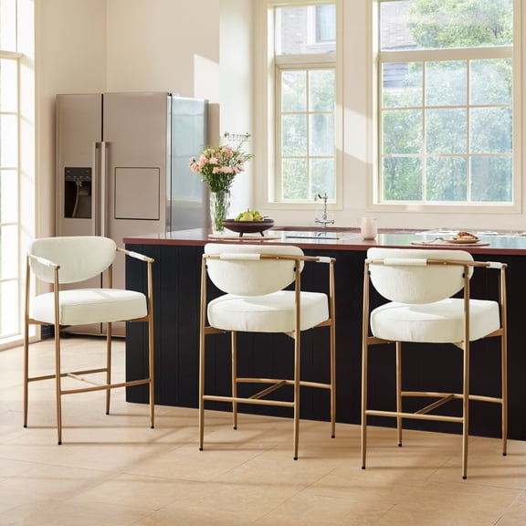 Spruce & Spring Modern Counter Bar Stool with Woven Strap Arms & Gold Metal Frame Set of 2, Ivory with Gold Frame