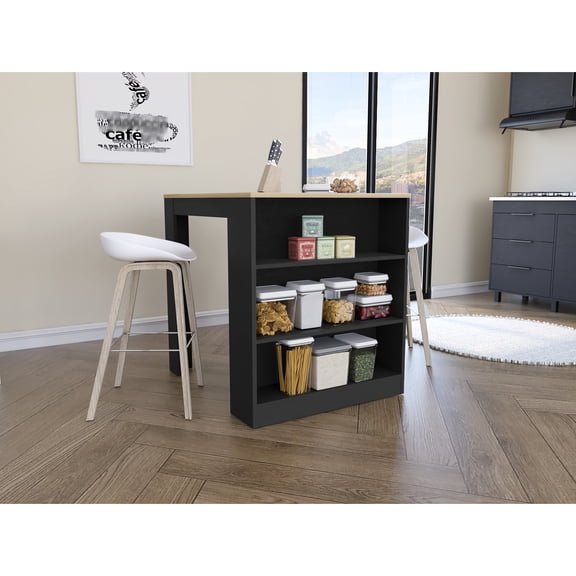 Stylish Kitchen Dining Table With Two Legs And Three Decorative Functional Shelves - Black / Pine Fashionable Counter Stable Shelf Spaces