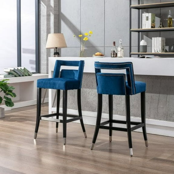 Modern Counter Height Bar Chair Set of 2 Velvet Bar Stools with Armrest Vintage Bar Chairs for Home and Kitchen, Blue