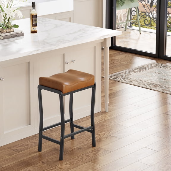 Modern Counter Height Bar Stool 26 Inch – Thick Padded Brown Faux Leather Saddle Seat – Sturdy Black Iron Frame & Footrest – Perfect for Kitchen Island or Dining Room, Brown