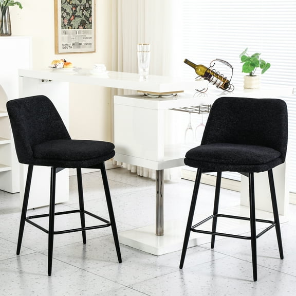Modern Counter Height Bar Stools Of 2 - Black Linen Upholstery Metal Legs 360° Swivel For Pub And Kitchen 2 , Upholstered Back Legs, 25.6" Seat Height, Fine Island & Pub, Covering