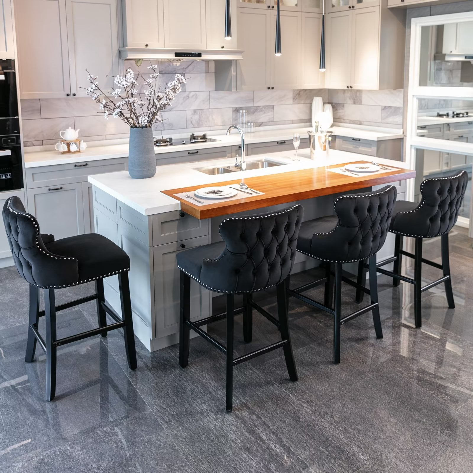 Modern 4-Piece Set of Velvet Upholstered Counter Height Bar Stools ...