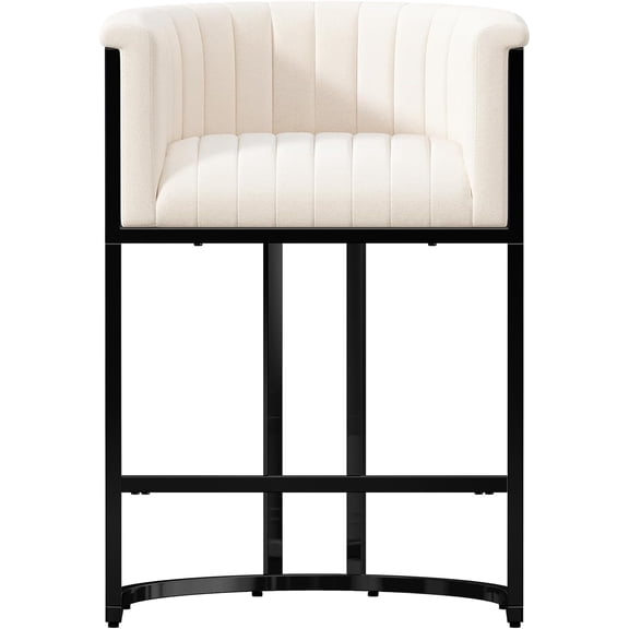 Modern Counter Height Bar Stools,Bar Stools Set of 1,Fabric Upholstered Barrel Barstools with Backs and Arms,26'' Kitchen Island Chairs,Metal Black Frames,Beige White Linen