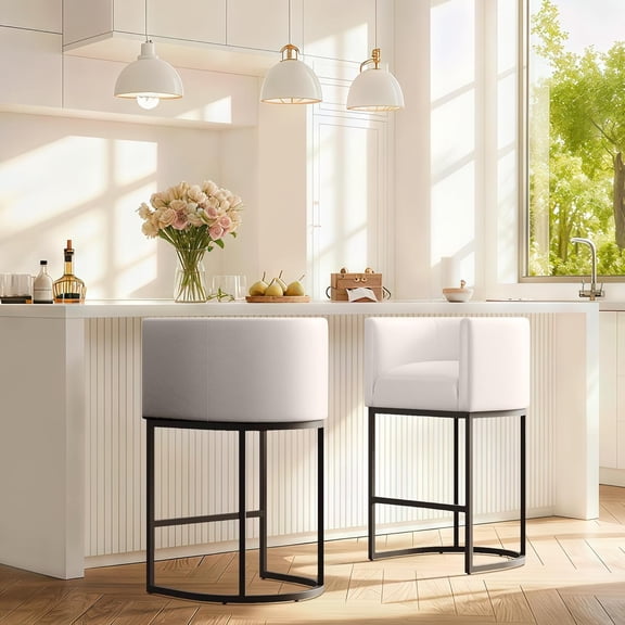 Modern Counter Height Bar Stools,Bar Stools Set of 2,PU Leather Upholstered Barrel Barstools with Backs,24'' Kitchen Island Chairs,Metal Black Frames,Beige White Leather