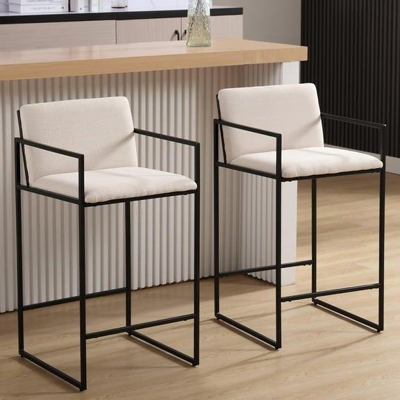 Modern Counter Height Bar Stools Set of 2, 25.5 Inch Kitchen Island Chairs Barstools with Armrest and Mid Back Industrial Black Metal Frame, Beige Linen