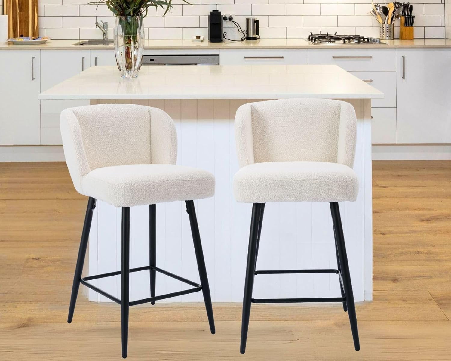 Modern Counter Height Bar Stools Set of 2, 26 Inch Faux Sherpa ...